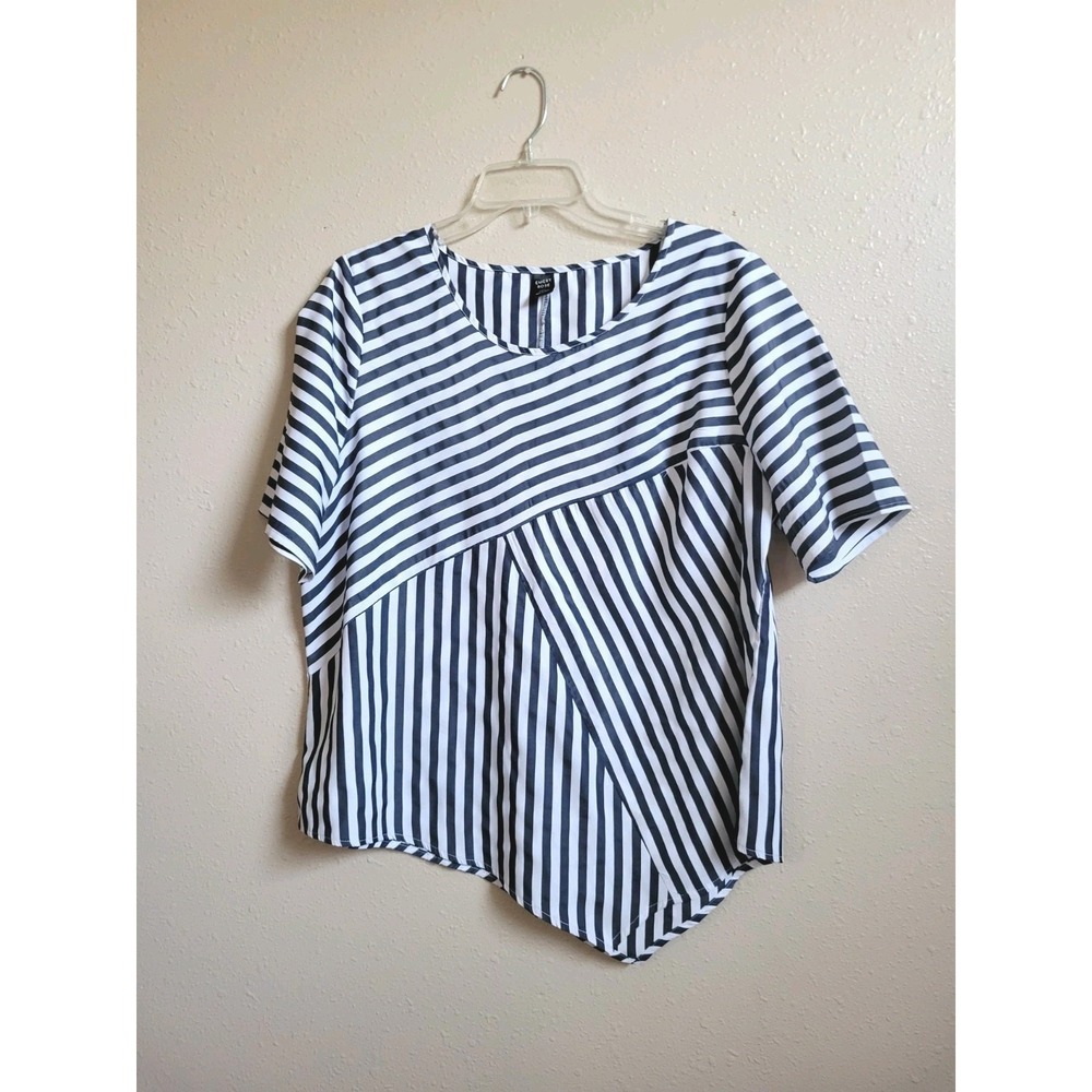 Emery Rose Womens Diagonal Blue White Stripe Short Sleeves Blouse Casual Top 2XL
